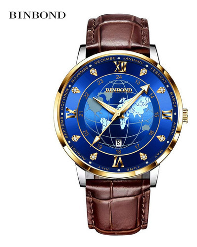 Reloj de pulsera Binbond con calendario impermeable y piel, color de fondo dorado/azul