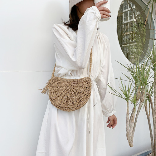 Bolsa Semiredonda De Paja Para Mujer, Verano, Playa, Ratán,
