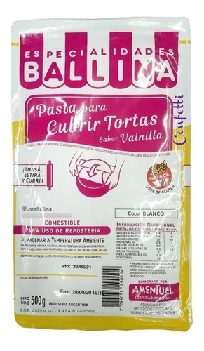 Pasta Ballina Blanca  X 500 Gr Sabor Vainilla Sin Tacc