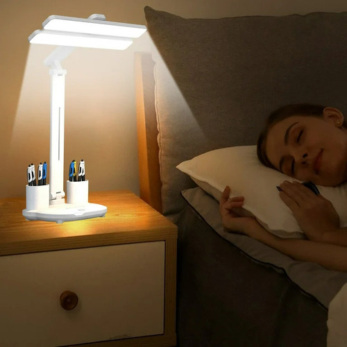 Lámpara Velador De Mesa Portalápices 3 Tonos Táctil Led Blanco Blanco