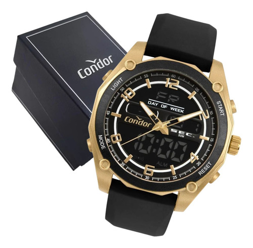 Relógio Masculino Condor Anadigital Dourado Silicone Preto