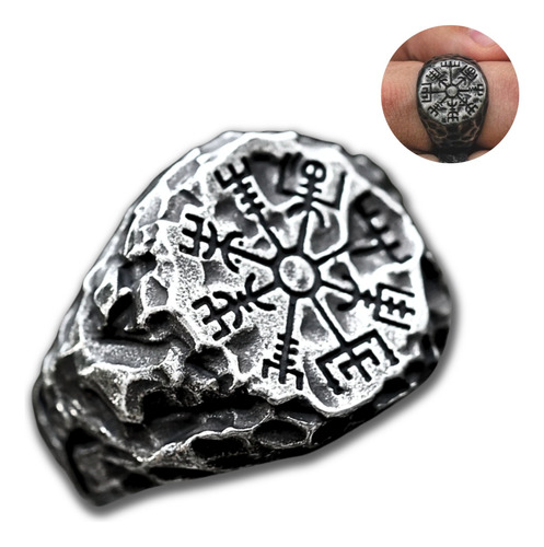 Anillo De Acero Vegvísir Brújula Vikingo Color Plata Hombre