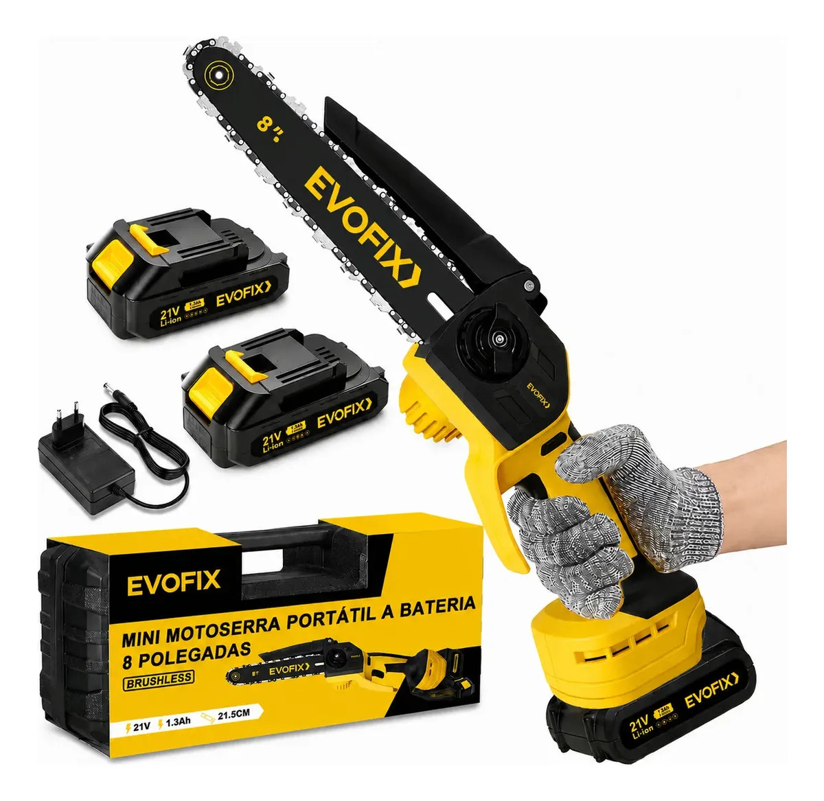 Motosserra Elétrica 8 Polegadas 2 Baterias 21v Portátil Recarregável Bivolt 110v/220v Corte Profissional E Doméstico Ferramenta Compacta Para Poda Jar