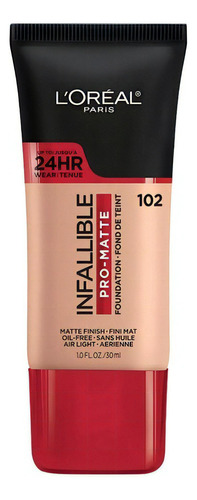 Base de maquillaje líquida L'Oréal Paris Infallible Pro-Matte 24 hrs tono 102 shell beige - 30mL