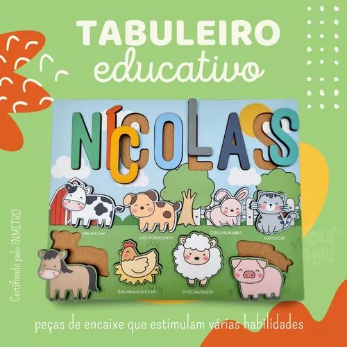 JOGO TABULEIRO EDUCATIVO ENCAIXE PERSONALIZADO ANIMAIS