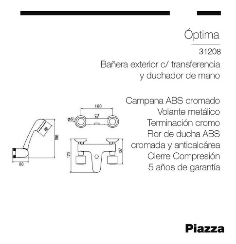 Imagen 3 de 7 de Duchador Bañera Ducha Piazza Optima 31208 Transferencia