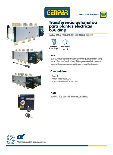 Transferencia Automática Para Plantas Eléctricas De 630amp