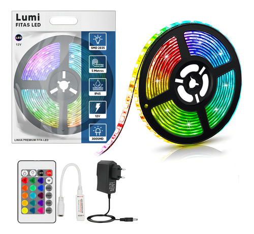 Kit Fita Led 2835 Com 60 Leds/m 5m 12v Ip65 Cor Da Luz Rgb Colorido Com Fonte