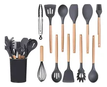 Comprar Set Kit X12 Utensilios De Cocina Mango Madera Punta Silicona