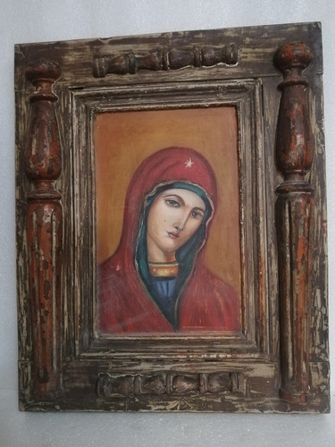 Cuadro Pintura Antigua Virgen Bizantina Óleo Vintage Tabla 