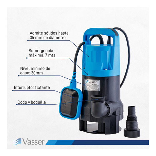 Imagen 3 de 11 de Bomba Desagote Agua Sucia Vasser De750ps 750w 10mts Cable 75