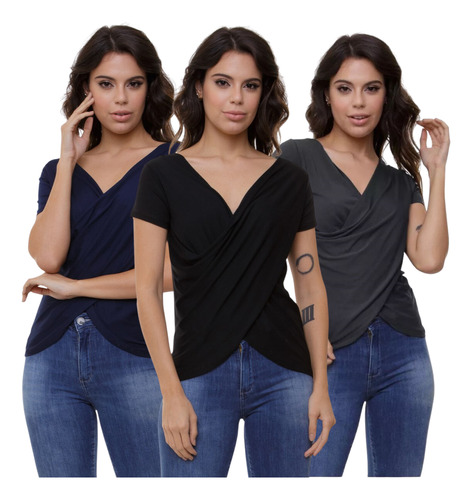 Kit Blusa Feminina Manga Curta Transpassada Com 3 Novidade