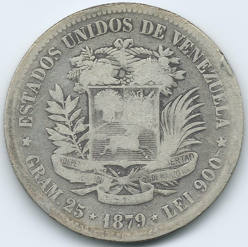 Moneda Fuerte De Plata 5 Bolívares De 1879