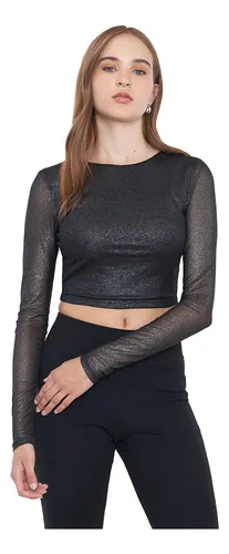 Polera Mujer Manga Larga Negro Espalda Abierta Corona