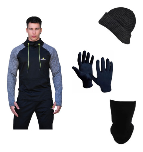 Combo Hombre!!buzo Deportivo N+gorro+cuello+guantes Térmicos