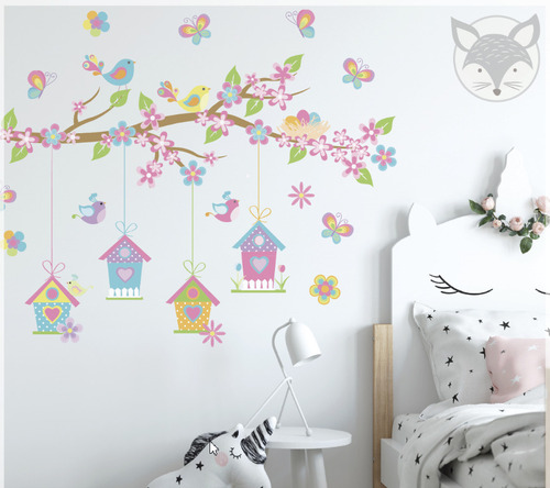 Vinilo Decorativo Pared Infantil Rama Flores Mariposas Ps45a