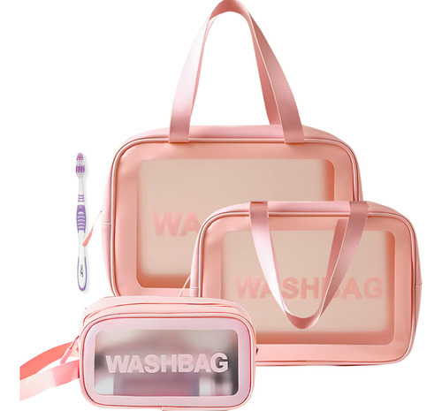 Kit Bolsa Nécessaire Washbag 3unidades Com Escova De Dentes Cor Rosa