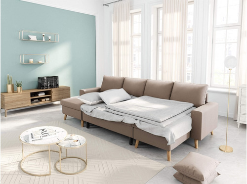 Lazaro Sofacama Panorámico Convertible Cama Beige Color Marrón Diseño De La Tela Lino