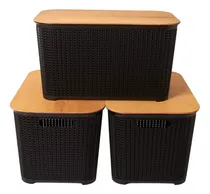 Comprar 3 Canastos Organizadoras Simil Ratan Tapa De Madera 53x33x29