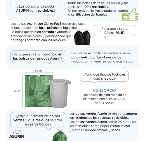 Imagen 2 de 4 de Bolsas Residuo Asurin Rollo 60x95 Consorcio Verde 10 Unid
