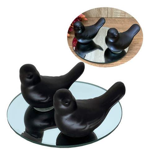 Casal Passarinho Preto Porcelana Bandeja Espelhada Decoração