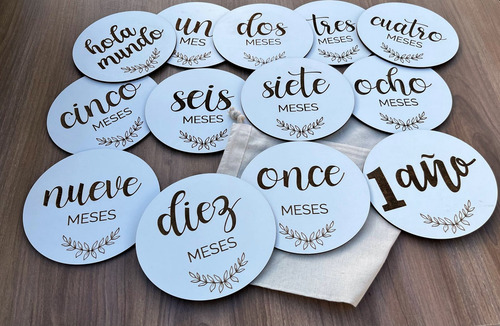 Cartelitos Para Fotos Meses Bebé Madera Hola Mundo Blanco