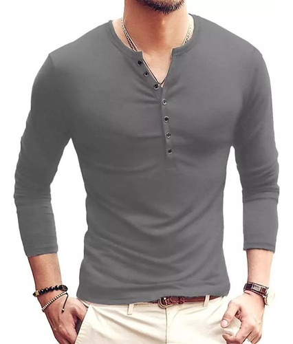 Playeras Hombre Camisa Henley De Manga Larga Casual Cuello V