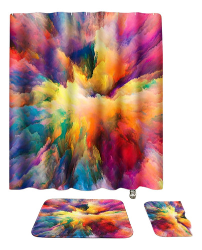 Cortina De Baño Con Tapetes Diseño Abstracto Multicolor 4 Pz