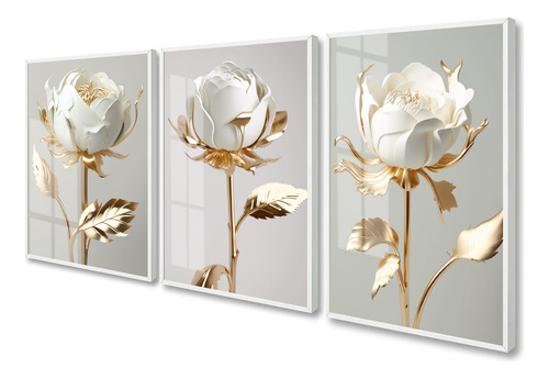 Quadros Decorativos Flores Brancas Com Dourado 50x70 C Vidro