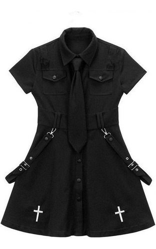 Vestido Gótico Punk Gothic Harajuku Summer Minivestido Preto