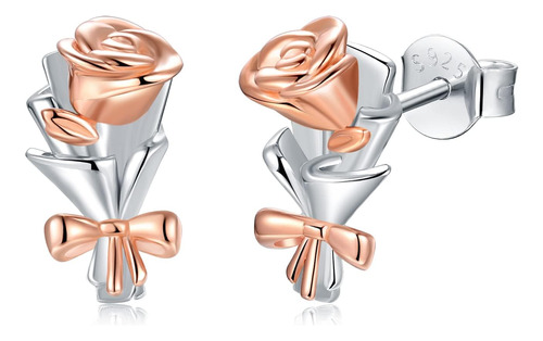 925-sterling-silver Rose Flowers Stud Pendientes Delicados