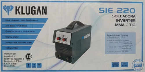 Soldadora Inverter Klugan Sie220 200a,1.6-5mm Mma/ Tig