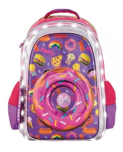 Mochila Footy Espalda Dona 18p Luz Led 2 En 1 Violeta Diseño de la tela donuts