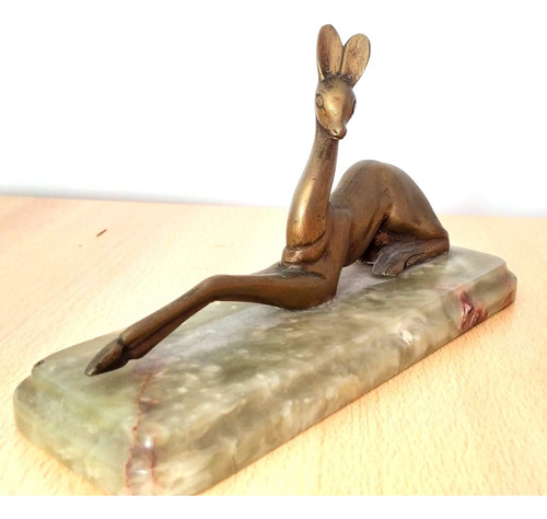 Escultura Ciervo Bebe Miniatura En Bronce Base Marmol Onix 