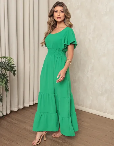 Vestido Longo Com Manguinhas Confortável Lastex Elegante