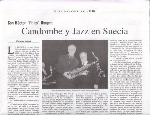 Jazz Uruguay Reportaje A Finito Bingert Pais Cultural 1998