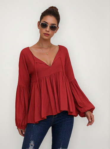 Blusa Con Cuello En V De Color Liso Y Mangas Abullonadas