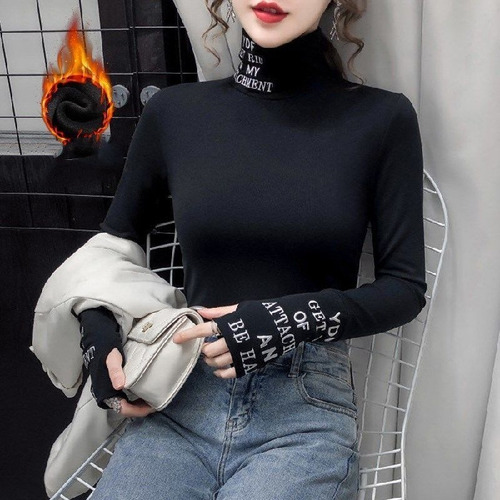 Camisa Negra De Cuello Alto Con Cuello Alto Para Otoño E Inv