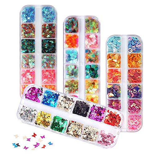 48 Boxes Holographic Nail Sequins,  Shell Round Star Le...