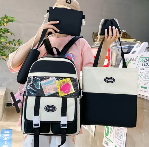 Mochila Kawaii Set 5 Piezas Cute Importado Negro Lisa