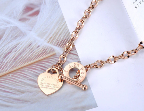 Collar Oro Rosa Eslabones Gruesos Corazón Buchón Broche T