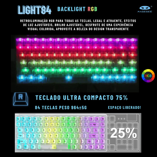 Teclado Mecânico Gamer Transparente Magegee Light84 Sem Fio 3 modos Wireless 2,4G Bluetooth e com fio Rgb Translucido Gasket switches pré lubrificados