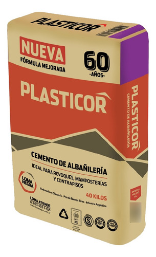Plasticor Cemento Albañilería Revoque Mampostería 40 Kgs