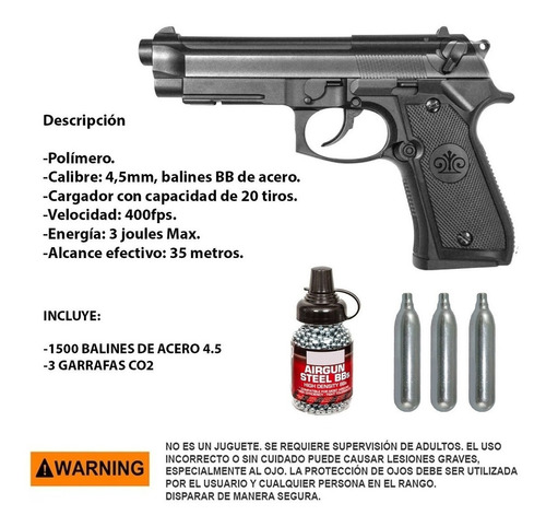Pistola Stinger 92 Polimero 4.5mm + Garrafas + 1500 Balines