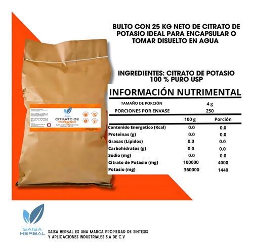 Citrato De Potasio Bulto Con 25 Kg Sabor Natural Saisa Herbal