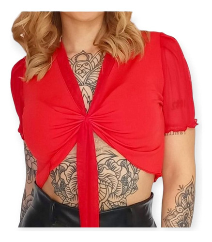 Crop O Top Con Detalle Sensual De Lazo En  Busto Mangas Tul