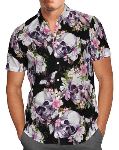 Camisa Hawaiana Gris Con Calavera Floral Tl10