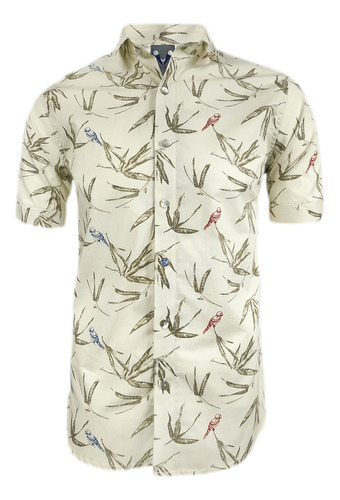 Camisa Playera Beige Estampada Con Hojas Y Pajaros