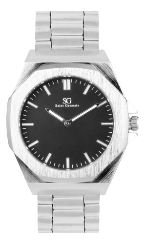 Relógio Saint Germain Hudson Silver Metal Prata Fundo Preto Correia Prateado Bisel Prateado