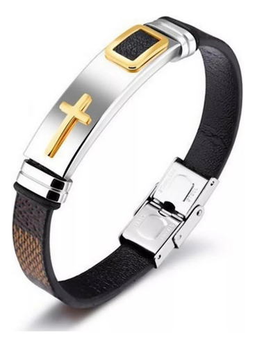 Pulseira Executiva Masculina Cruz Elegante Couro Fecho Aço